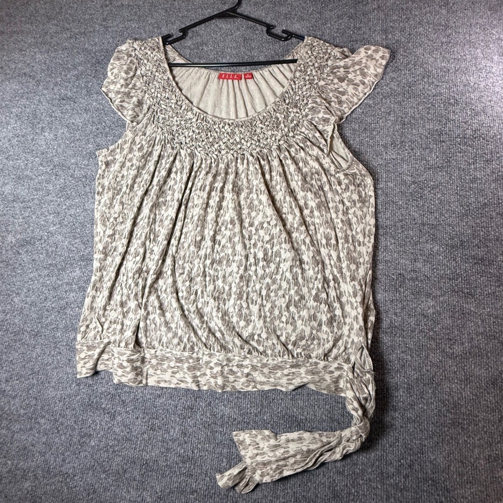 ELLE Womens XL Taupe Abstract Dot Smocked Flutter Sleeve Pima Cotton Modal Top